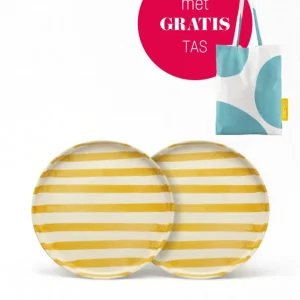 vtwonen - Lunchbord - Strepen - Geel - Set van 2 - Keramiek - 20cm