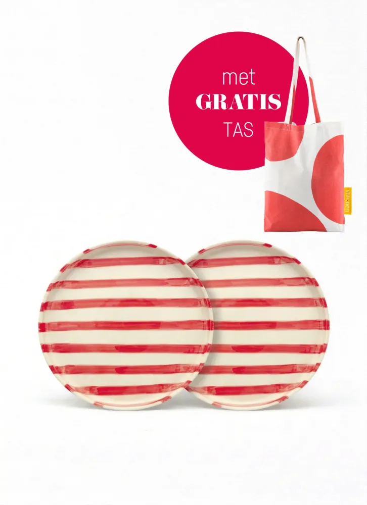 vtwonen - Lunchbord - Strepen - Rood - Set van 2 - Keramiek - 20cm
