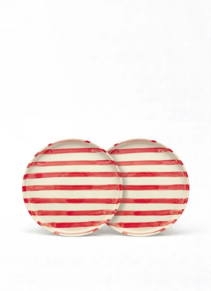 vtwonen - Lunchbord - Strepen - Rood - Set van 2 - Keramiek - 20cm
