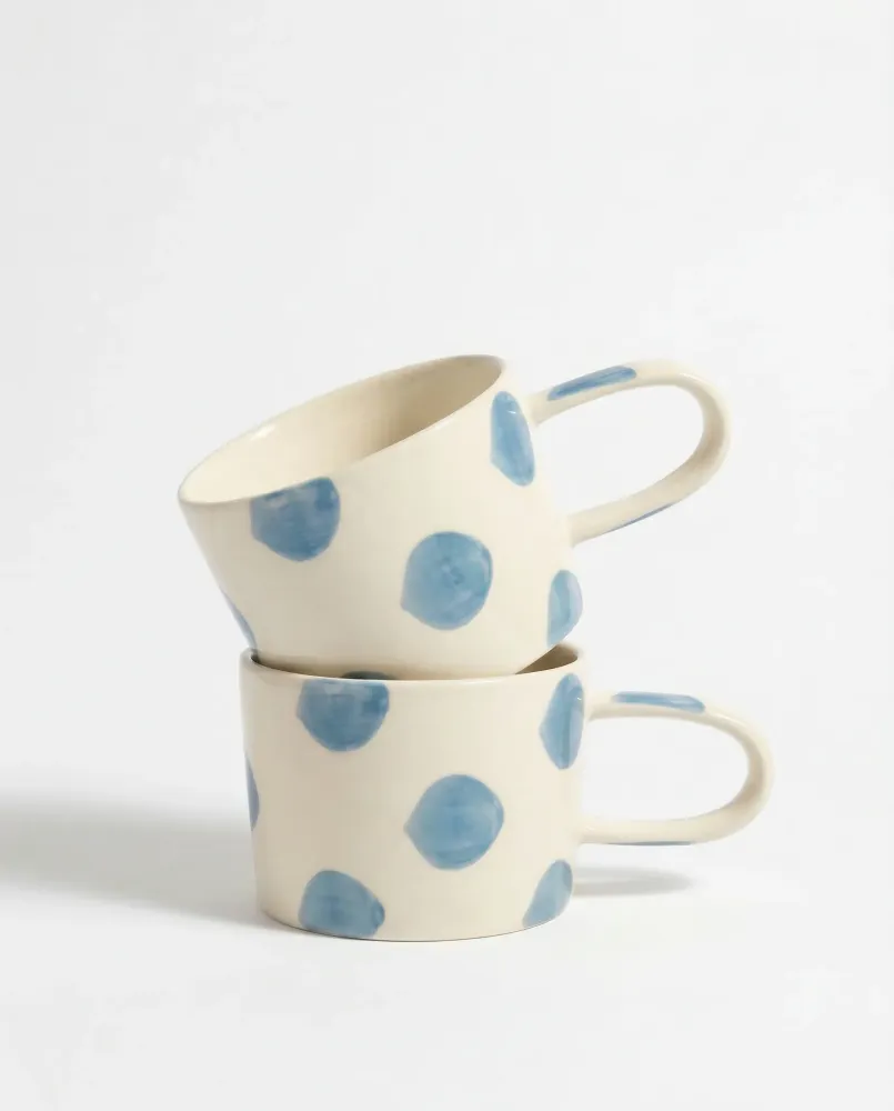 vtwonen - Mokken - Blauw - Stippen - Set van 2 - Keramiek - 350ml