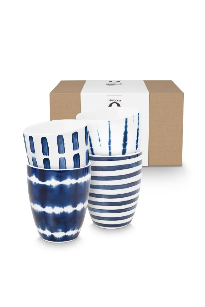 vtwonen - Mokken - Blauw, Wit - Porselein - 400ml - Set van 4