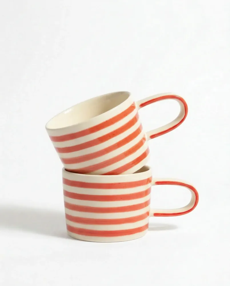 vtwonen - Mokken - Rood - Strepen - Set van 2 - Keramiek - 350ml
