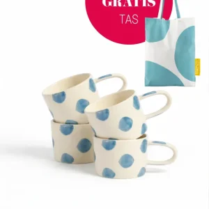 vtwonen - Mokken - Stippen - Blauw - Keramiek - 350ml - Set van 4