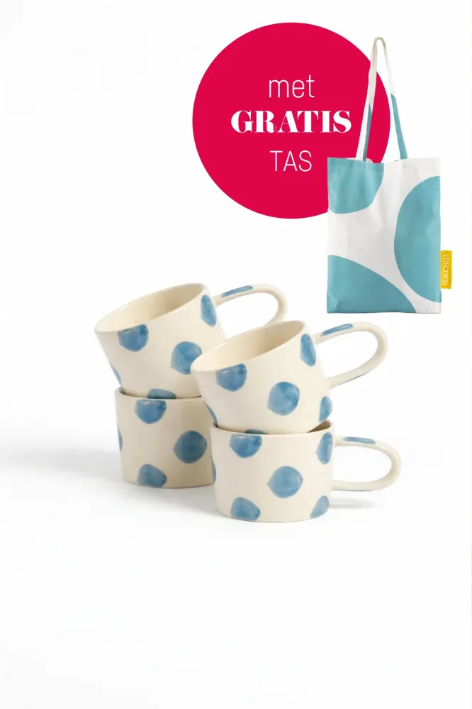 vtwonen - Mokken - Stippen - Blauw - Keramiek - 350ml - Set van 4