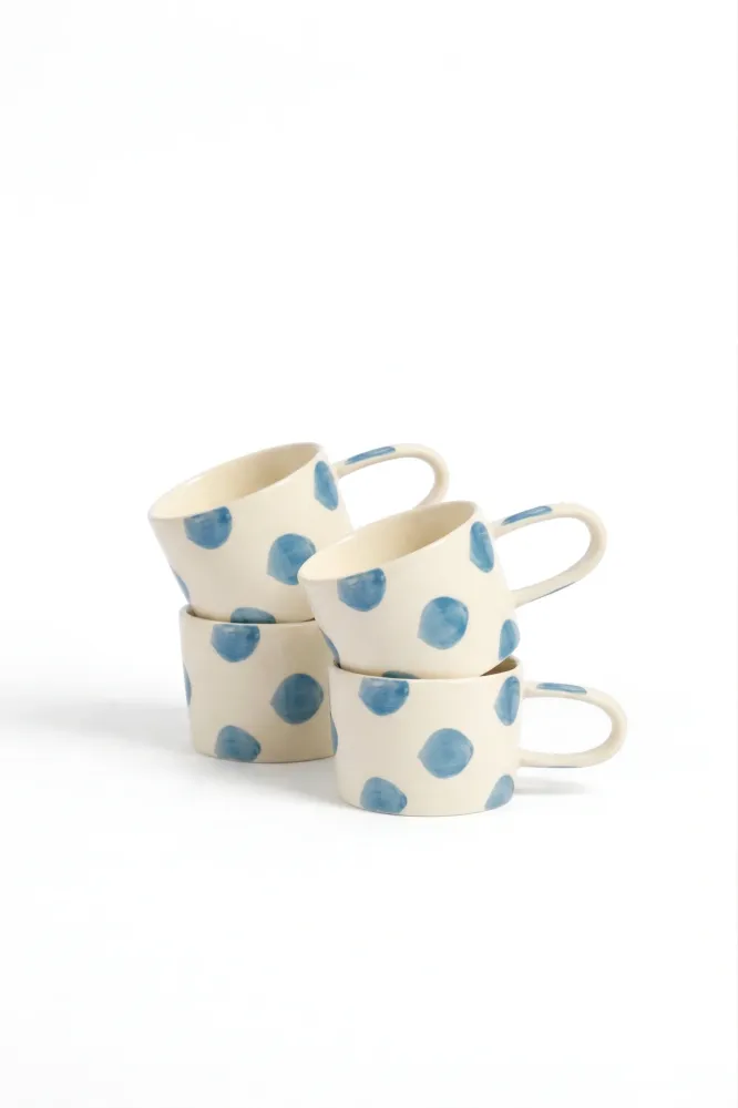 vtwonen - Mokken - Stippen - Blauw - Keramiek - 350ml - Set van 4