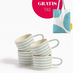 vtwonen - Mokken - Strepen - Blauw - Keramiek - 350ml - Set van 4