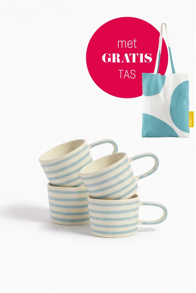 vtwonen - Mokken - Strepen - Blauw - Keramiek - 350ml - Set van 4