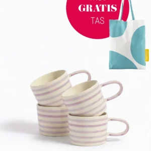vtwonen - Mokken - Strepen - Lila - Keramiek - 350ml - Set van 4