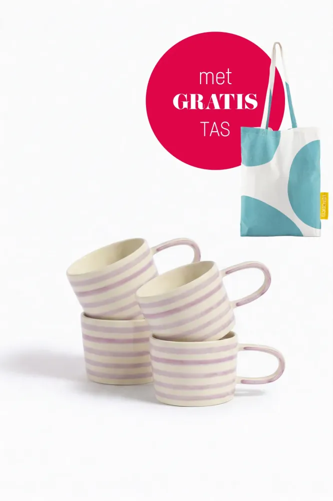 vtwonen - Mokken - Strepen - Lila - Keramiek - 350ml - Set van 4