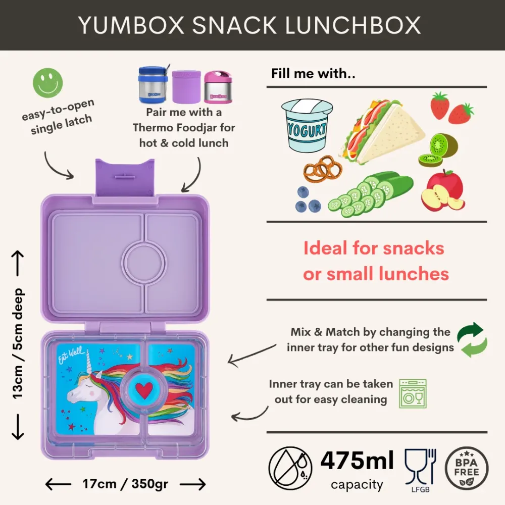 Yumbox Bentobox/Snackdoos 3 vakken - 17x13x5cm - Lavande Purple/Unicorn Tray