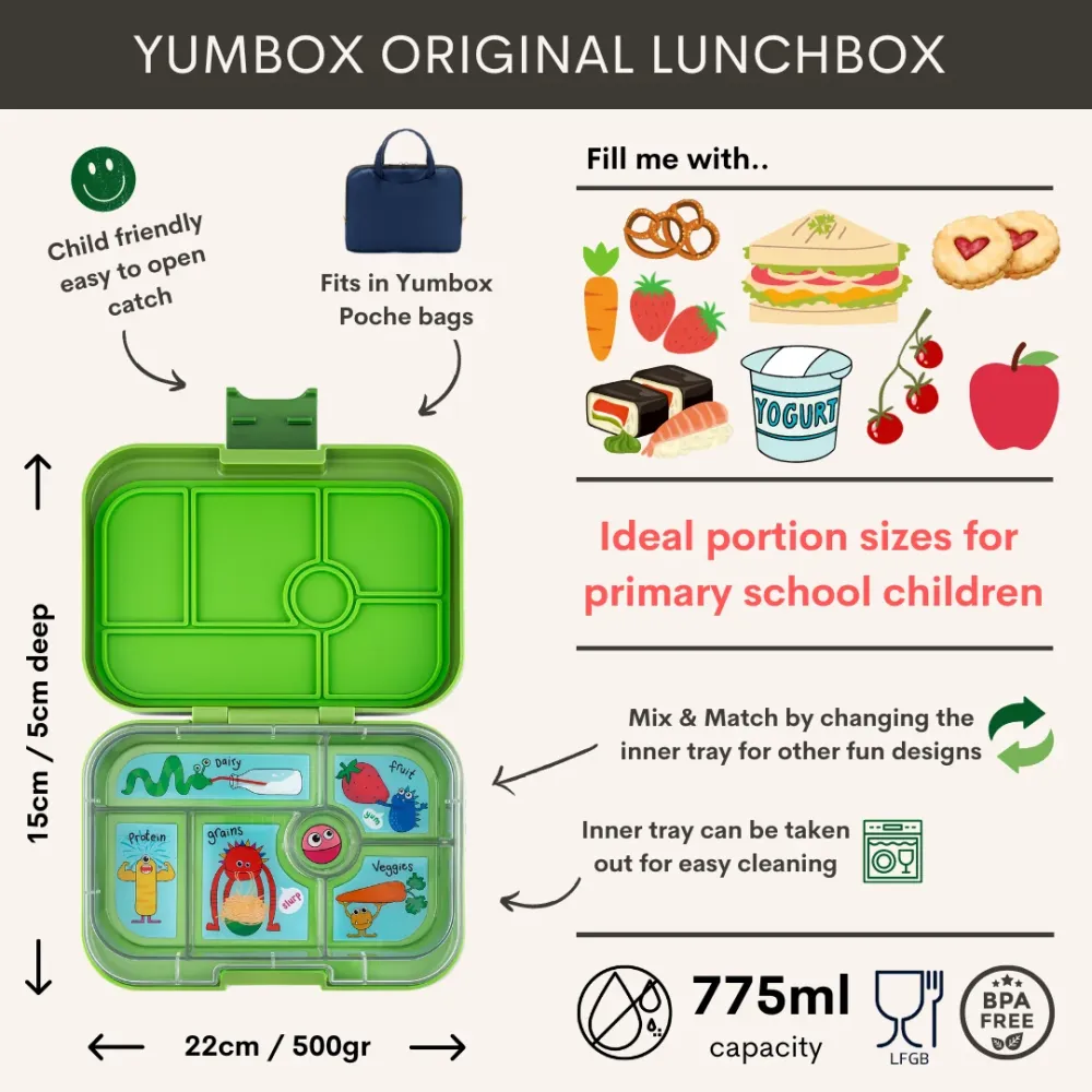 Yumbox Original Bentobox 6 vakken - 22x15x5cm - Jurassic Green/Funny Monsters Tray