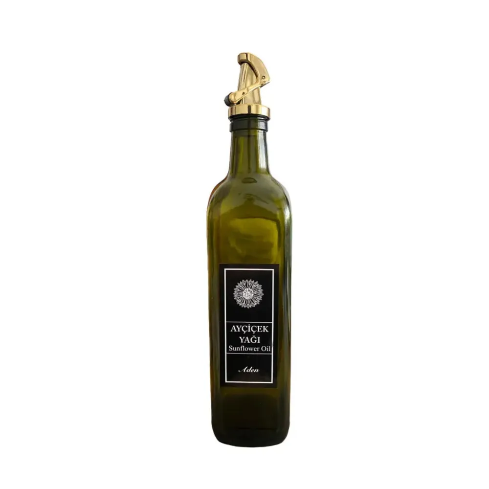 Zonnebloem Olieglas Groen – 750 ml, Vierkant met Gouden Deksel