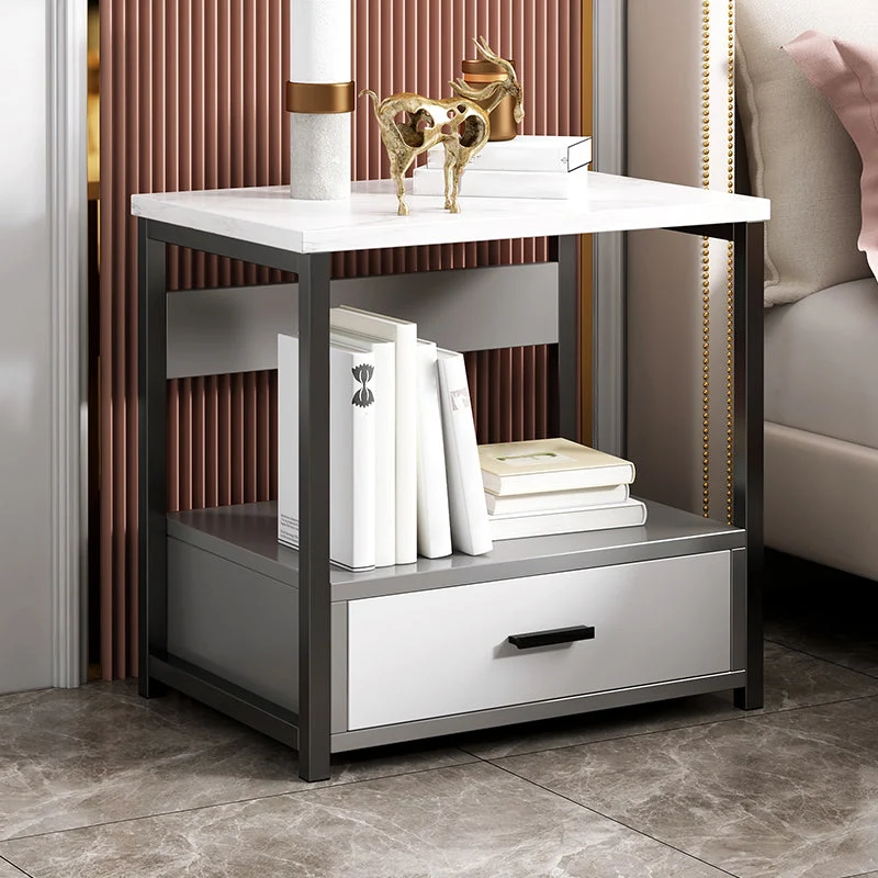 19.6" Tall Wooden Nightstand Contemporain Night Stand Drawers and Shelf White