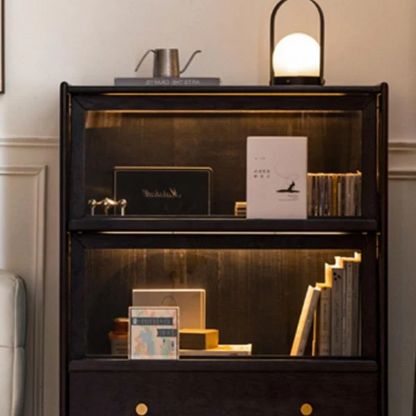 Black Eenkleurig Wood Curio Cabinet Modern Glass Doors Lighting 24l