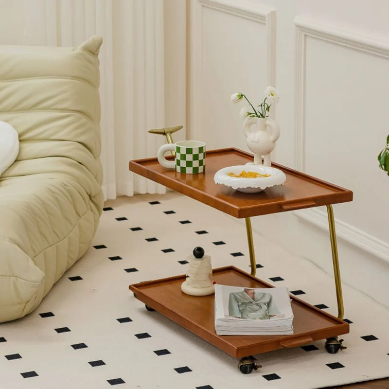 Cherry Hout Storage End Table Rectangular 2-Tier Side Table Casters 27l