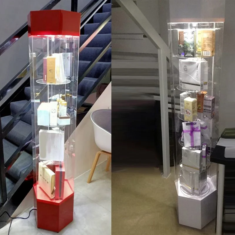 Contemporain Curio Cabinet Glass Locking Door Display Stand 5 Shelves Red