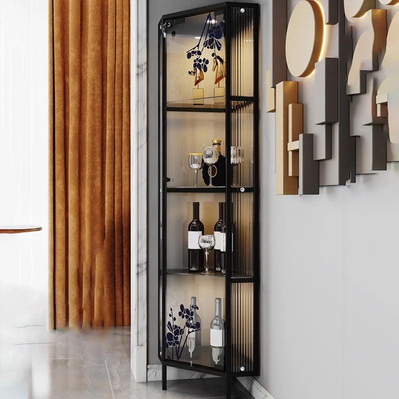 Contemporary Glazen Doors Curio Cabinet Metal Storage Cabinet Lighting Black