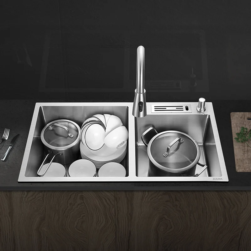 Contemporary Stainless Steel Kitchen Sink Tweevoudig Basin Sink Drain Assembly 28l