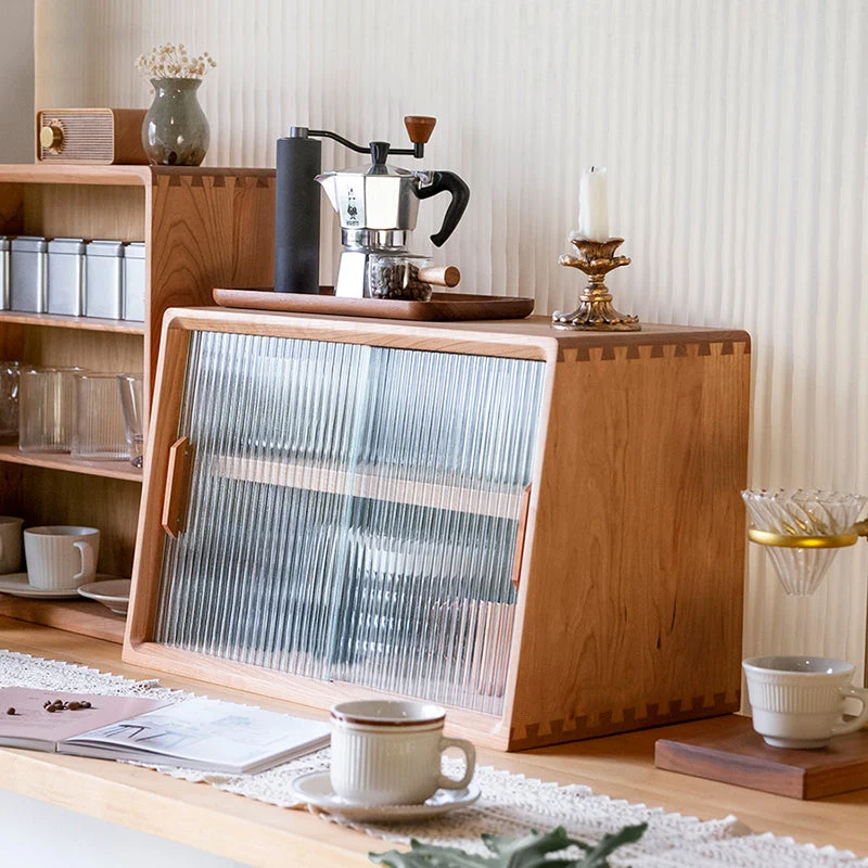 Contemporary Style Solid Wood Storage Sideboard Cabinet Glazen Doors Natural