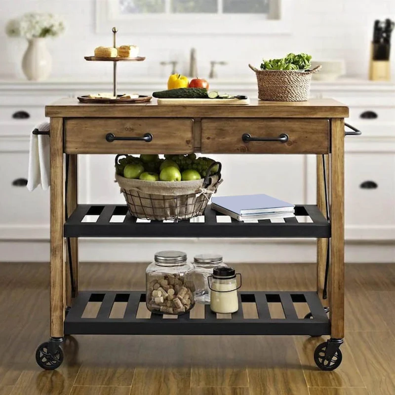 Contemporary Wood Kitchen Cart Rolling Van metaal Kitchen Cart Open Storage 28l