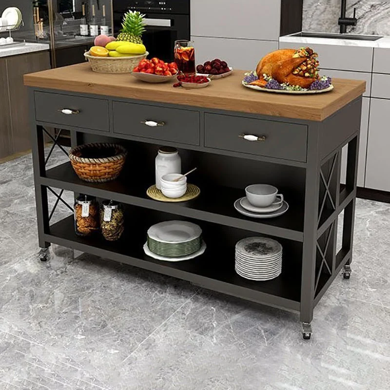 Contemporary Wood Kitchen Trolley Stationary Kitchen Island Table Open Storage 47l