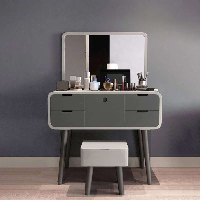 Contemporary Wood Vanity 5 Storage Drawers Mirror & Stool 24l