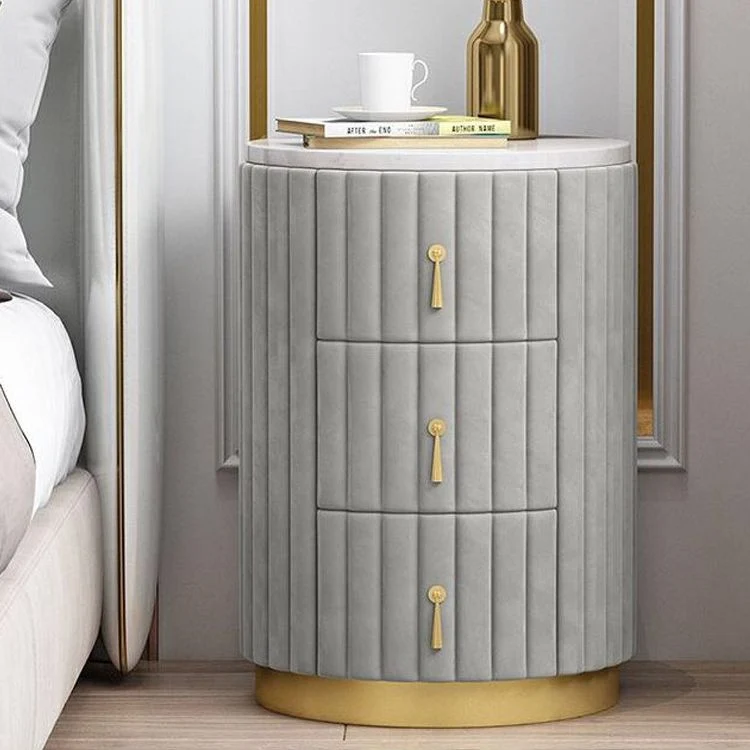 3 Drawers Night Table Nightstand Marble Round Bedside Cabinet Drawers Included Grey