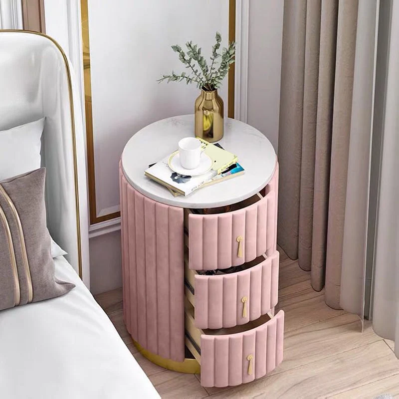 3 Drawers Night Table Nightstand Marble Round Bedside Cabinet Drawers Included Grey