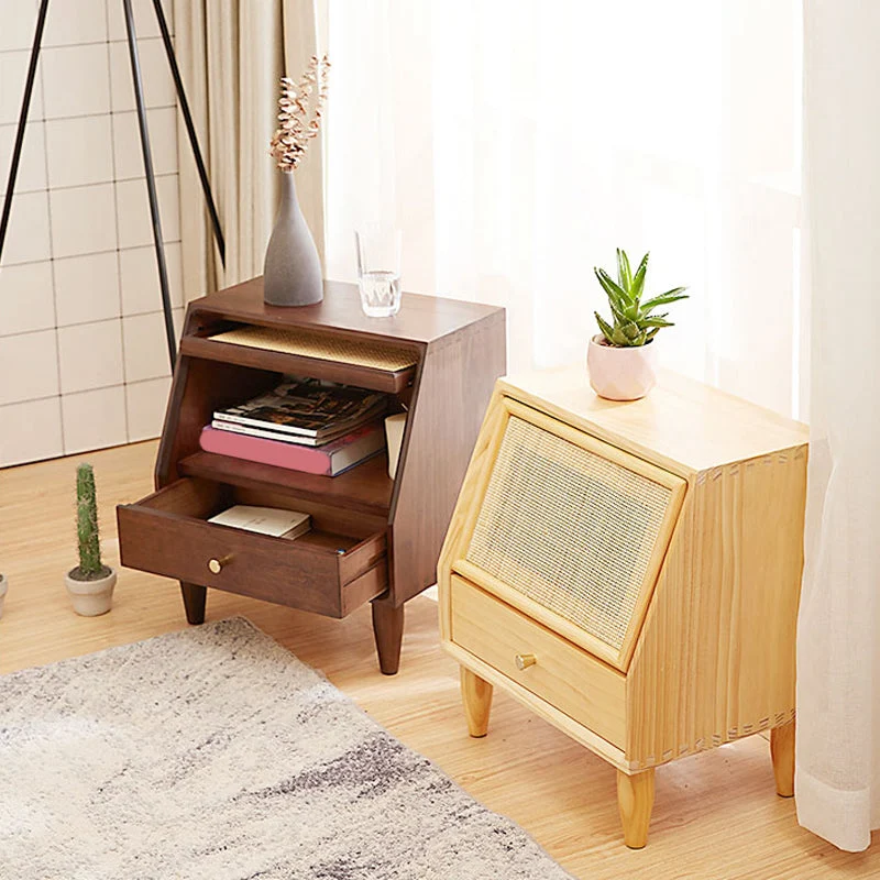 Eigentijds Lower Shelf Nightstand Rattan Bedside Cabinet Drawer Bedroom Walnut