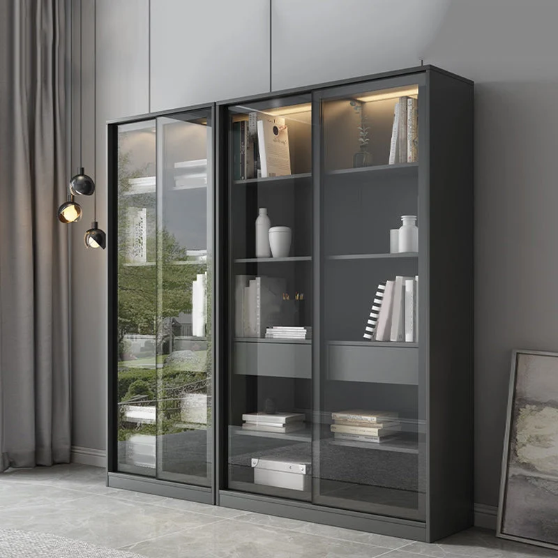 Faux Wood Actueel Storage Cabinet Glass Sliding Doors Display Cabinet Living Room 31l