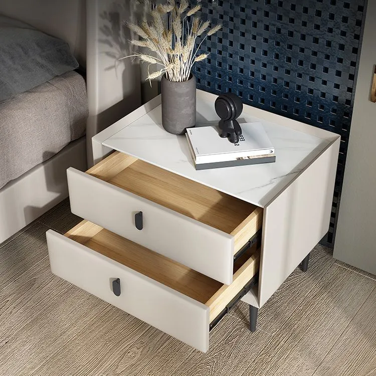 hout and Leather Bedside Table Modern Minimalist Bed Nightstand Drawers Light
