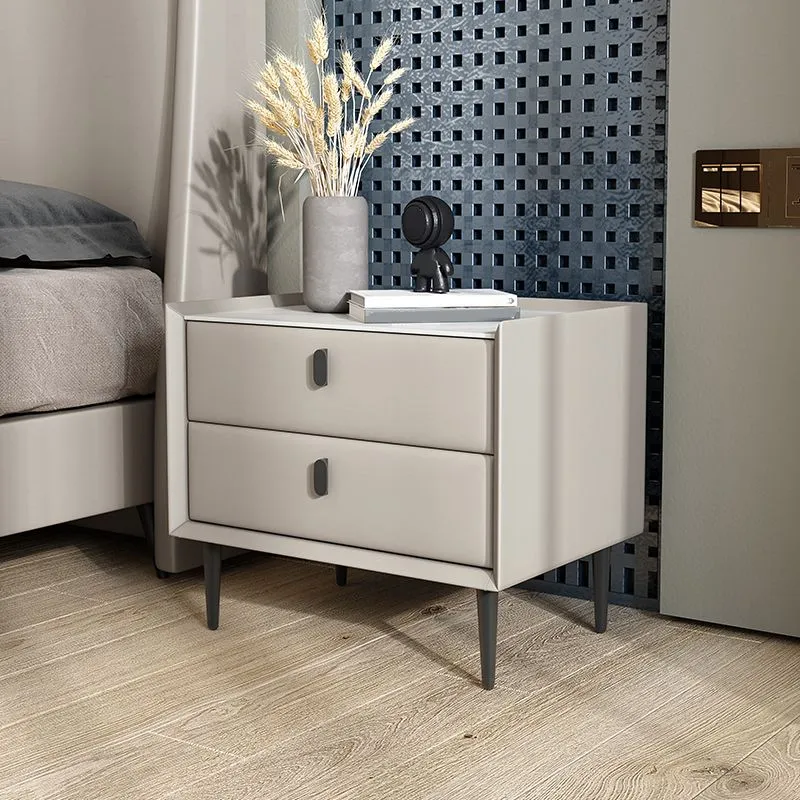 hout and Leather Bedside Table Modern Minimalist Bed Nightstand Drawers Light