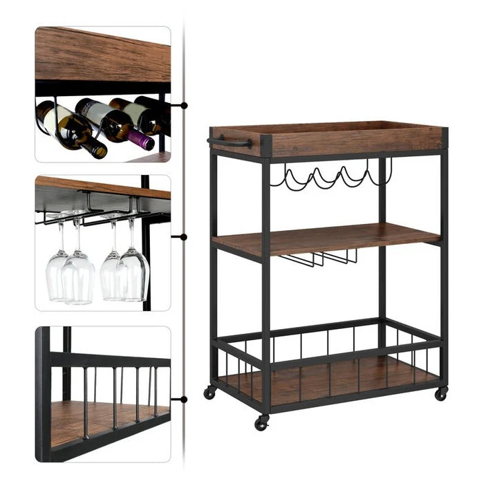 Industrial Rolling Kitchen Cart Metaal Rectangular Kitchen Island Cart Wine Storage 24l