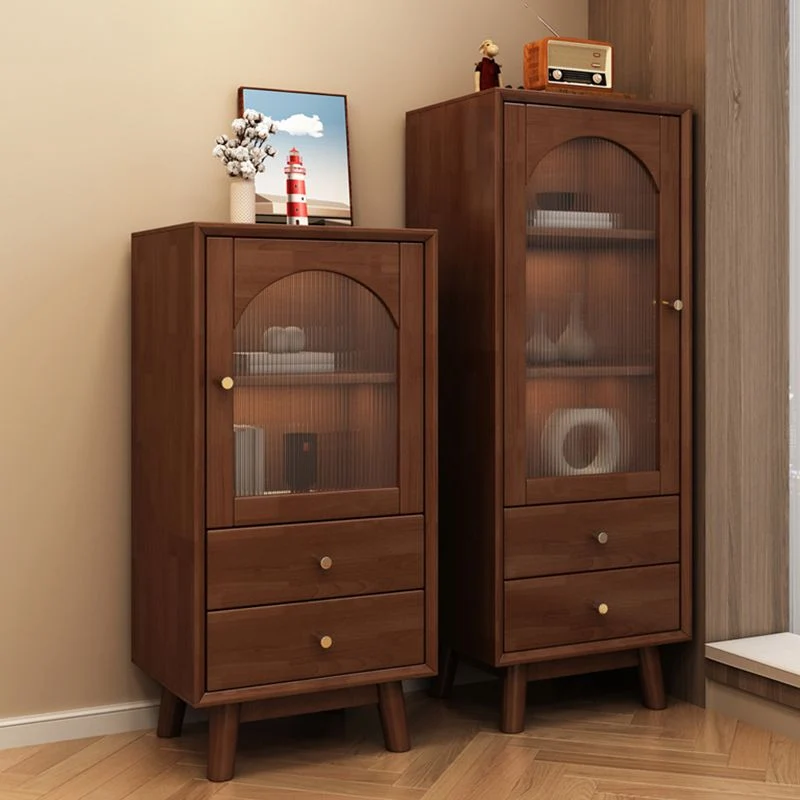 Mid Century Solid Wood 1-Door Cabinet Glazen Paned Side Cabinet 2-Drawer 19l