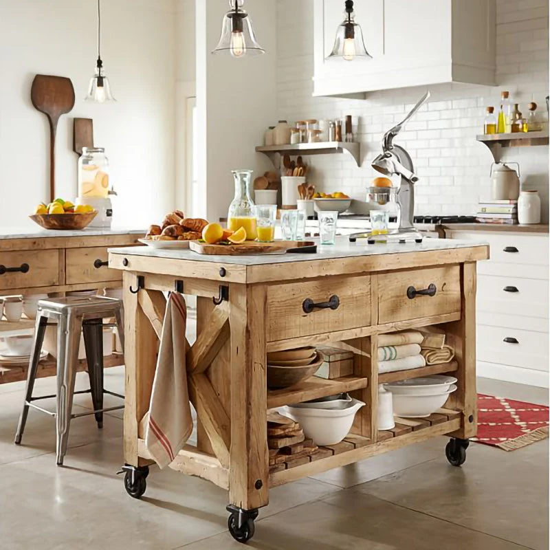 Modern Kitchen Island Table Dining Room Natuurhout Base Prep Table Casters 31l