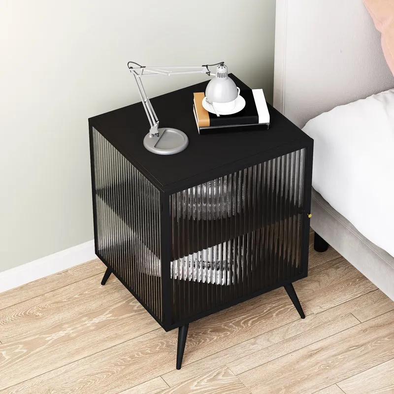 Modern Lower Shelf Nightstand Metalen Bedside Cabinet Glass Door Bedroom Black