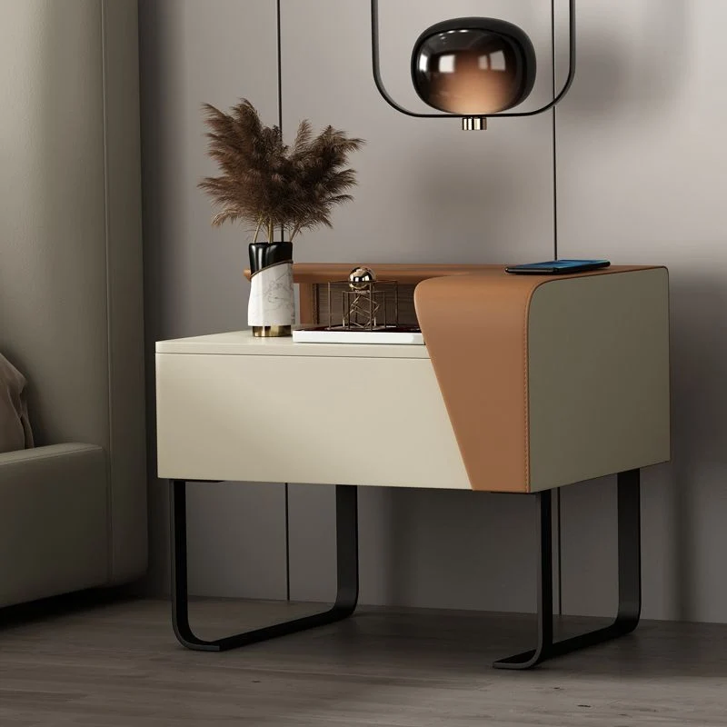 Modern Natuurhout Nightstand 19" Tall Sled Bedside Cabinet Drawer Grey