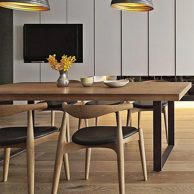 Modern Style Fixed Solid Wood Dining Room Table 2 Black Metalen Legs Kitchen Set 47