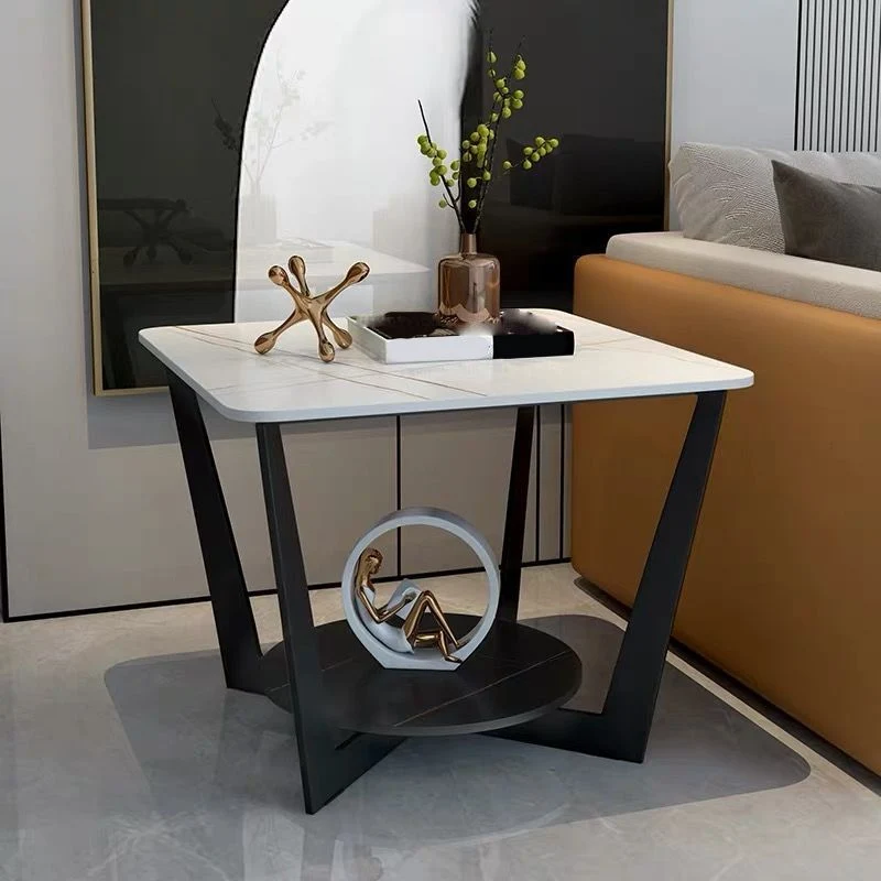 Modern Style Metal Ijzer Black Base Slab Top Storage Rack Round Side Table 19