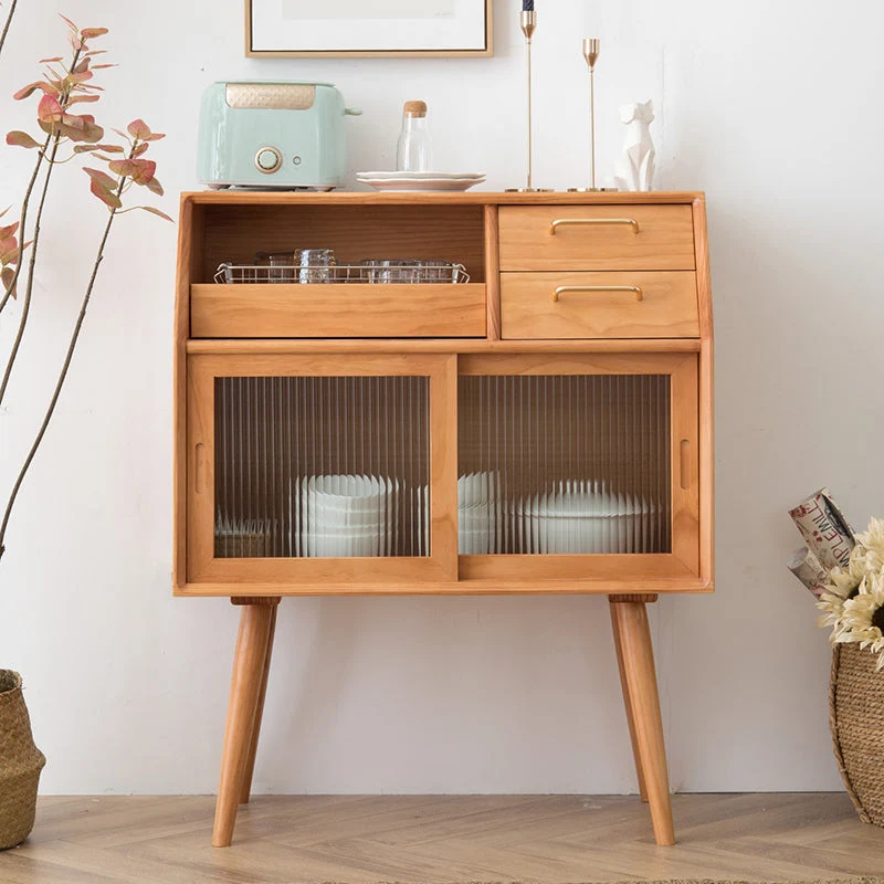 Modern Style Storage Stevig Wood Sideboard Cabinet Glass Doors and Drawers Natural
