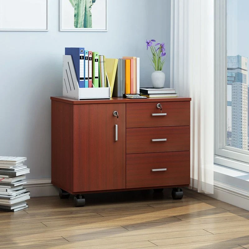 Nordic Style Cabinet Wood Locking Drawers Storage Filing Cabinet Wheels Red