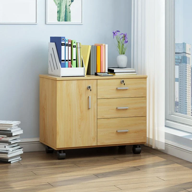 Nordic Style Cabinet Wood Locking Drawers Storage Filing Cabinet Wheels Red