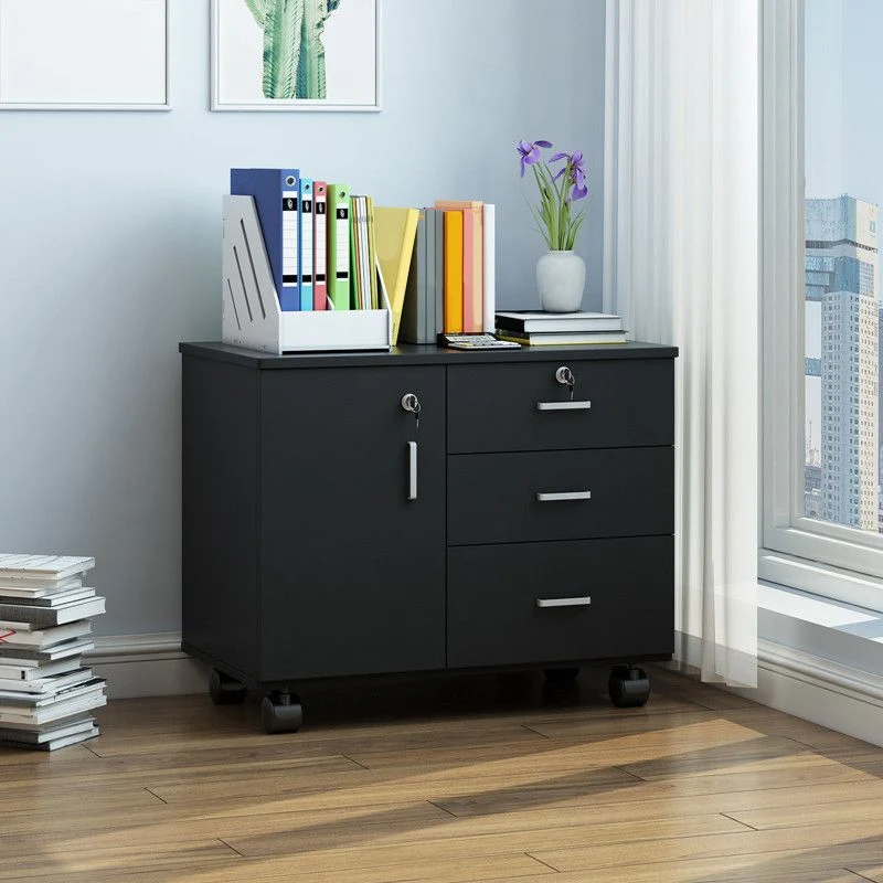 Nordic Style Cabinet Wood Locking Drawers Storage Filing Cabinet Wheels Red