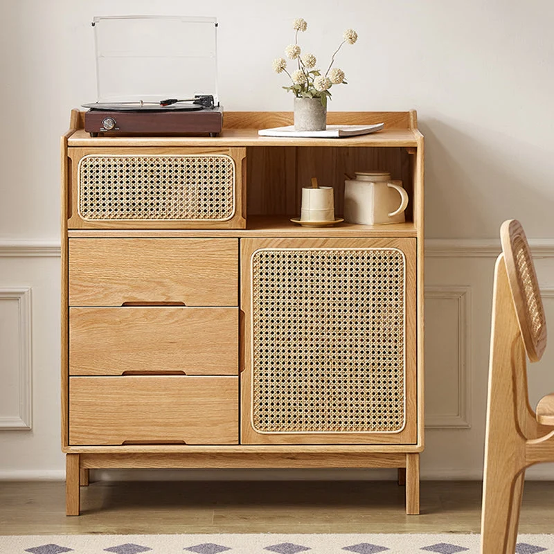 Solid Wood Dining Server Contemporain Style Rattan Door 3 Drawers 33l
