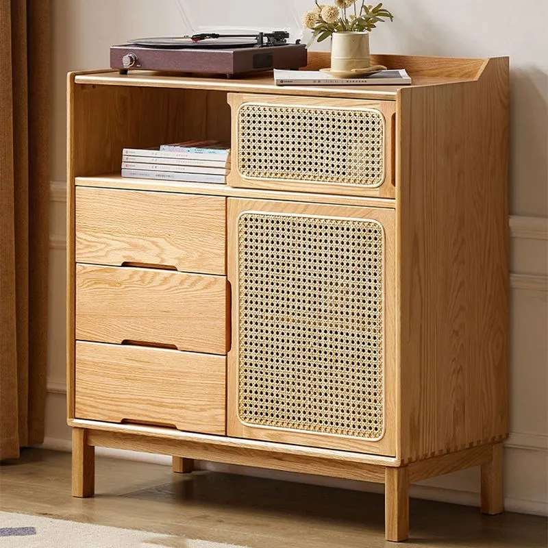 Solid Wood Dining Server Contemporain Style Rattan Door 3 Drawers 33l