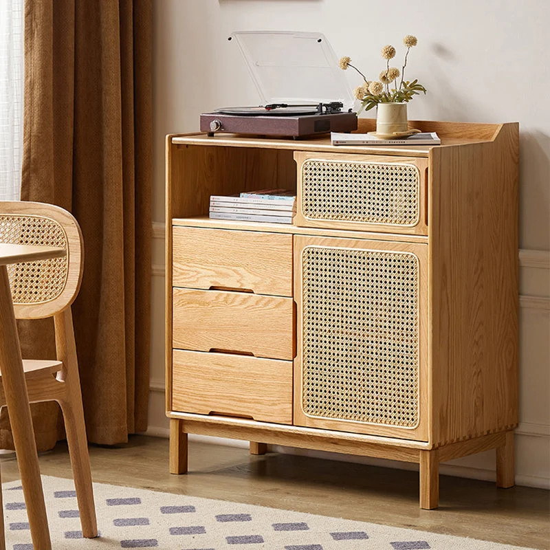 Solid Wood Dining Server Contemporain Style Rattan Door 3 Drawers 33l