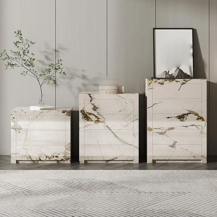 Wood Chest Stone Top Vertical Storage Chest Drawers Bedroom Beige