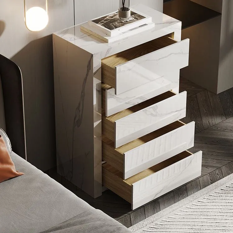 Wood Chest Stone Top Vertical Storage Chest Drawers Bedroom Beige