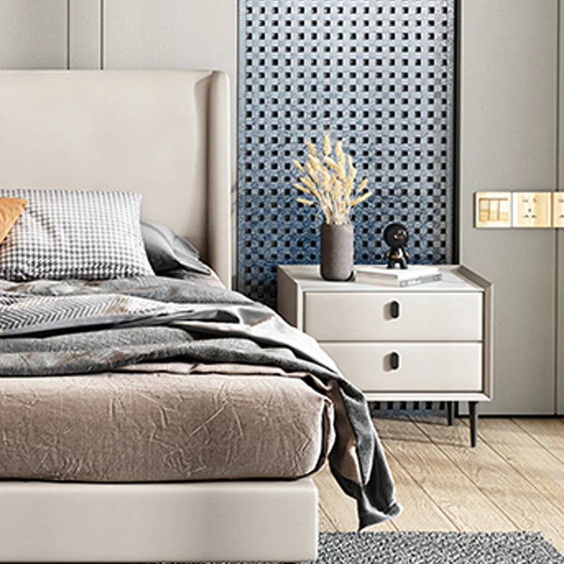 Wooden and Leather Bedside Table Modern Sober Bed Nightstand Drawers Light