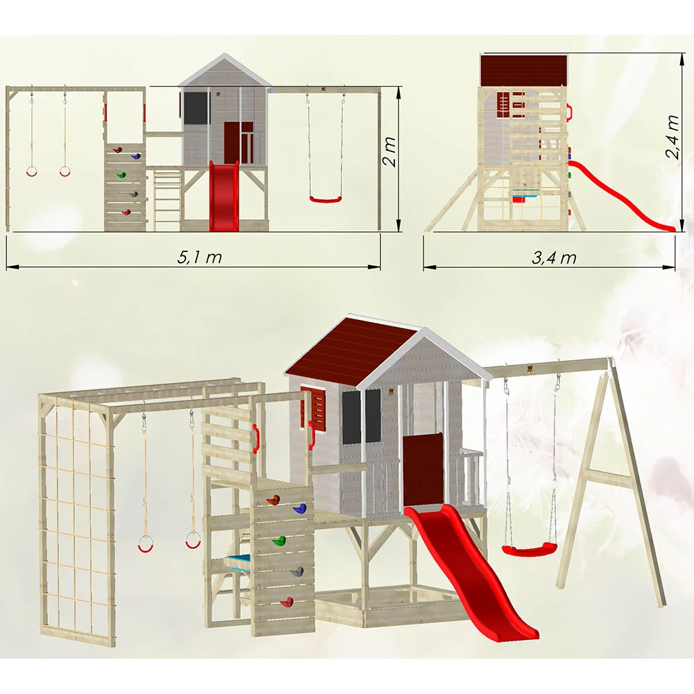 Wooden Playhouse - Nordic Adventure Slide, Solo Swing, Gym and Kitchen